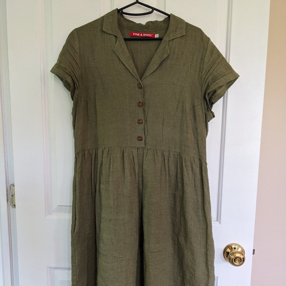 Pyne and Smith Model No.30 Collared Linen Dress Olive Green
